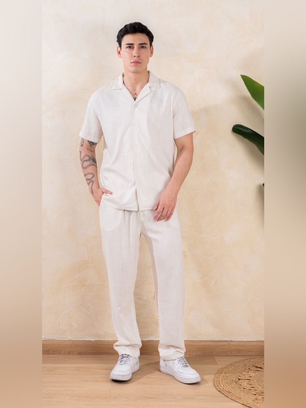 Men’s Beige Linen Blend Matching Set Short Sleeve Shirt & Pants Resort Outfit